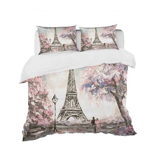 Designart 'Eiffel with Pink Flowers' Global Inspired Bedding Set